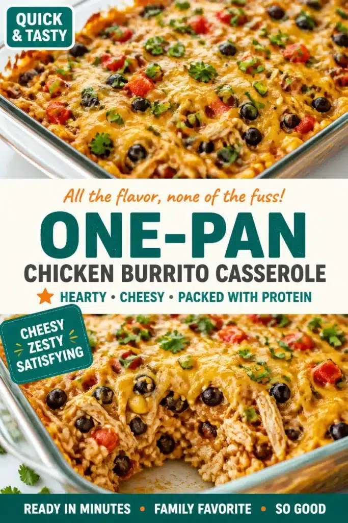 Cheesy Chicken Burrito Bake with melty cheese and seasoned chicken filling