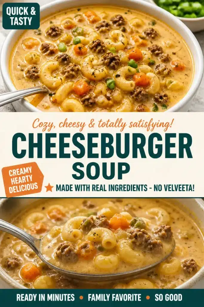 A bowl of cheesy hamburger soup with ground beef, cheese, and vegetables.