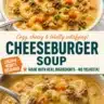 A bowl of cheesy hamburger soup with ground beef, cheese, and vegetables.