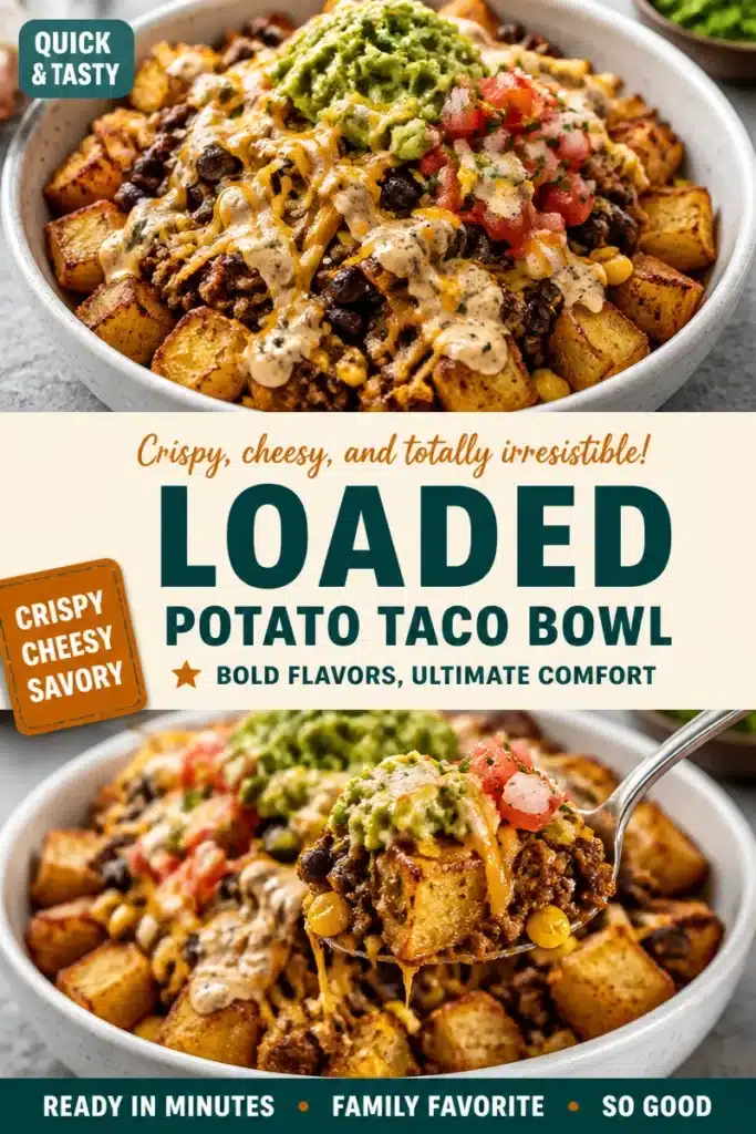Cheesy Loaded Potato Taco Bowl with toppings and melted cheese
