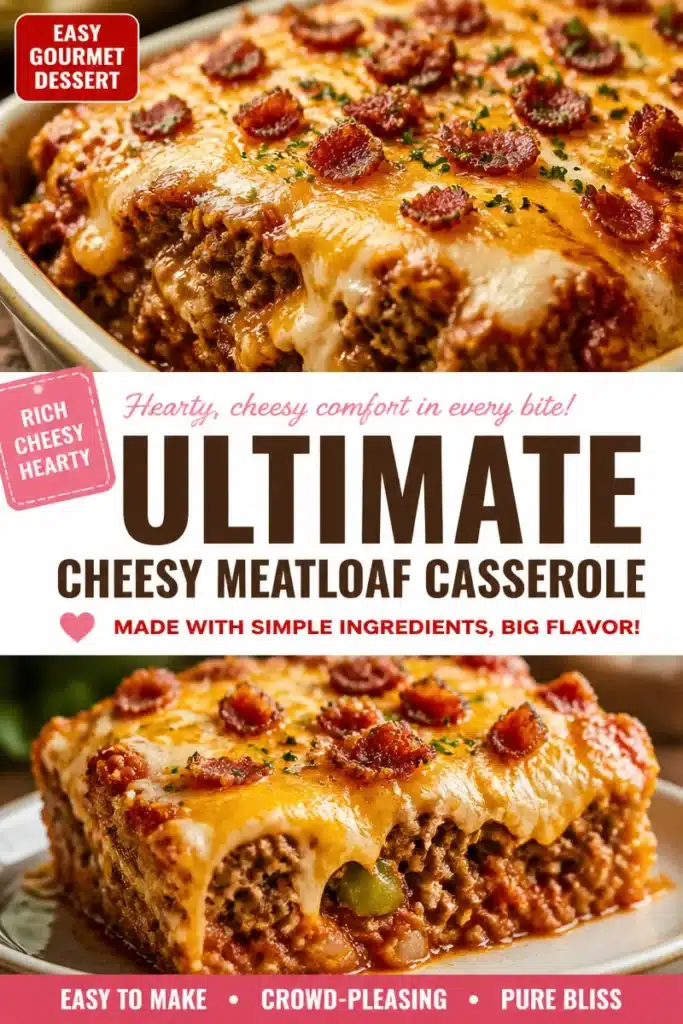 Cheesy meatloaf casserole topped with melted cheese and herbs.