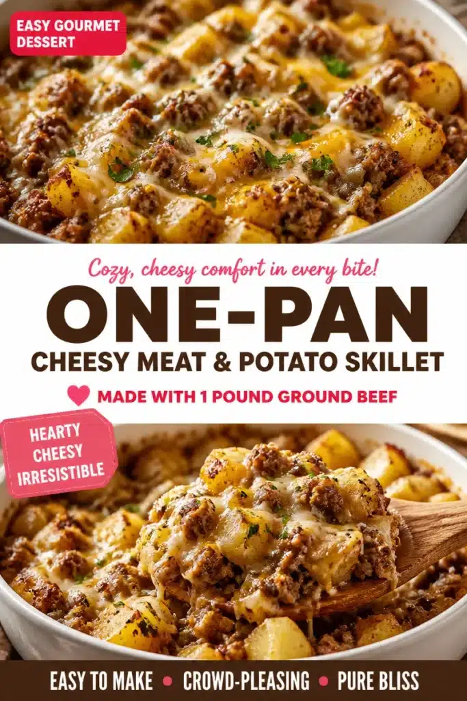 Cheesy one-pan skillet with ground meat and potatoes dish ready to serve.
