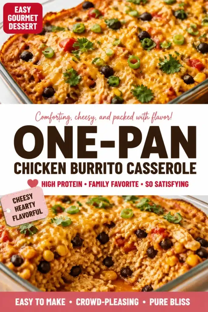Delicious Chicken Burrito Casserole topped with cheese and garnished with fresh ingredients.