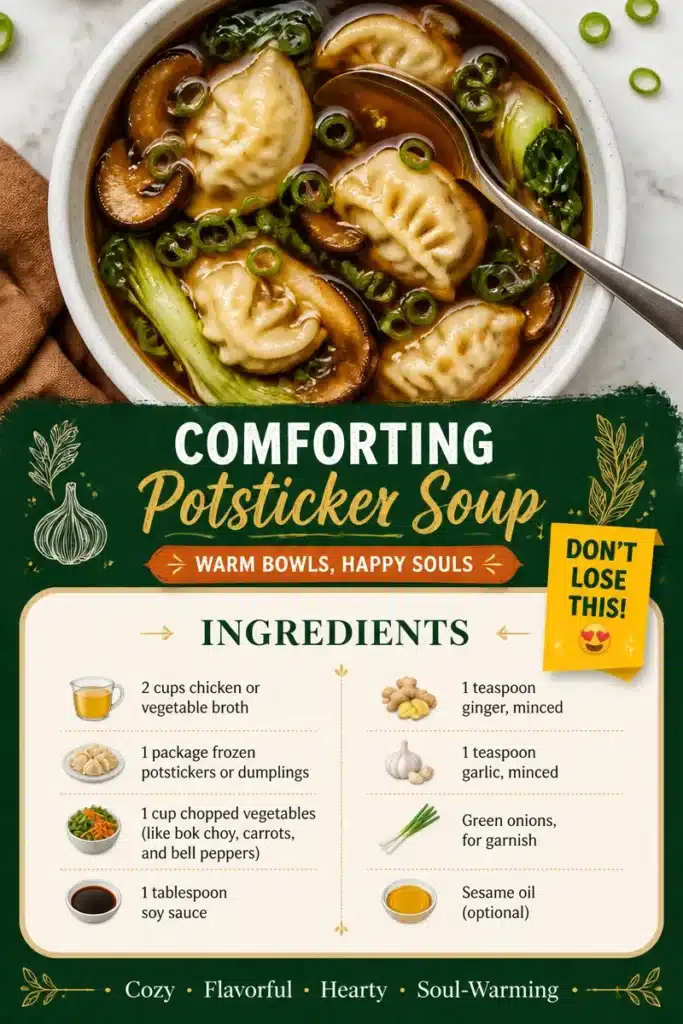 Bowl of comforting potsticker soup with vegetables and dumplings