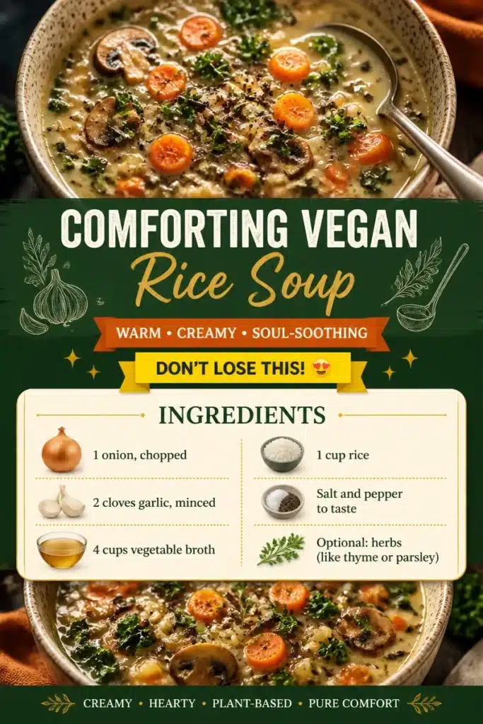 Bowl of comforting vegan rice soup garnished with herbs and vegetables.