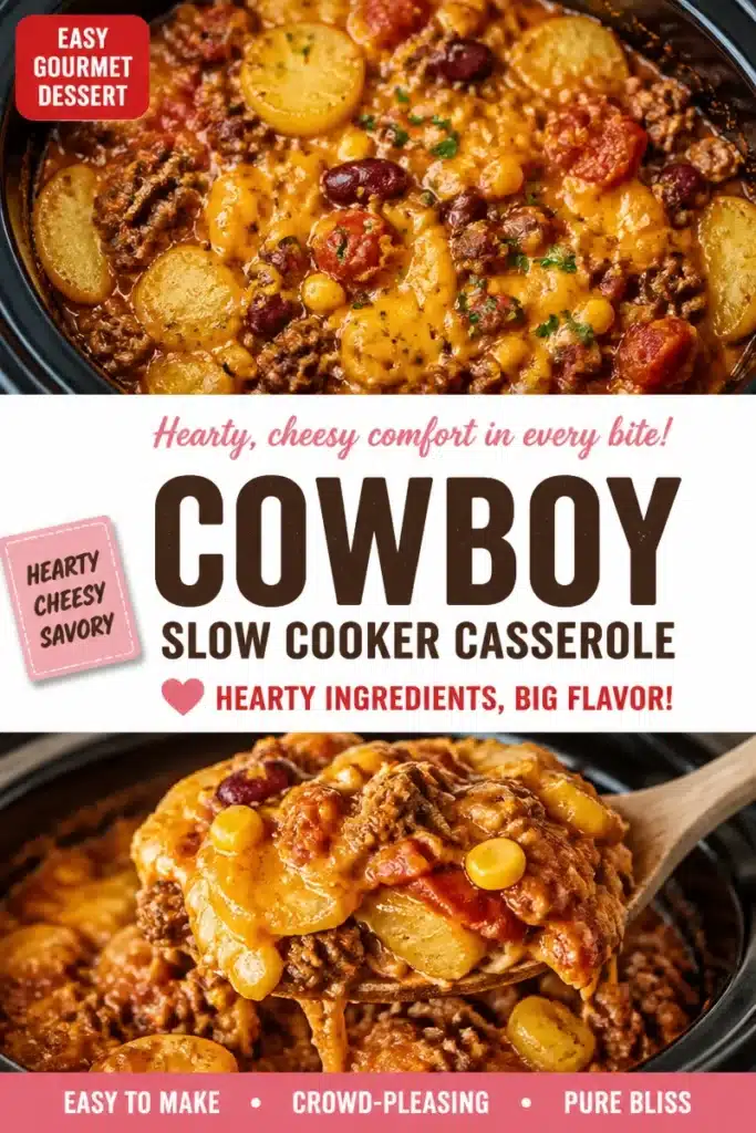 Delicious Cowboy-Style Slow Cooker Casserole with beans and meat in a rustic setting.