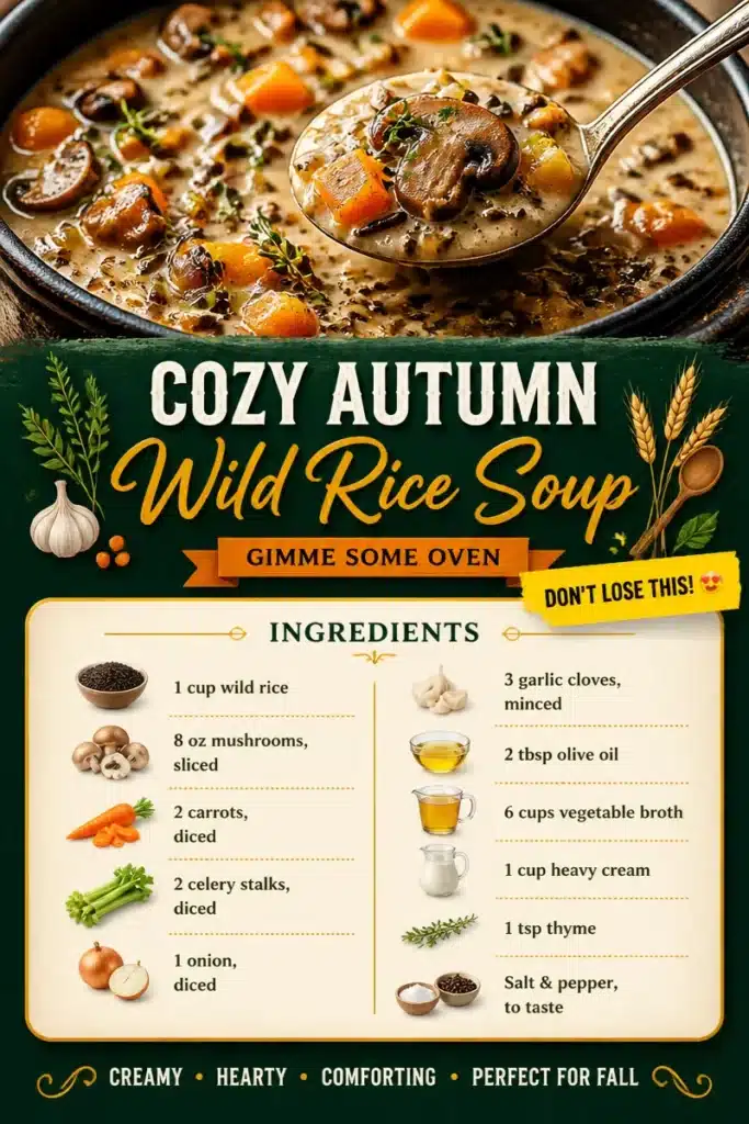 Cozy autumn wild rice soup with vegetables in a bowl