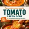 Bowl of creamy tomato soup garnished with fresh basil and croutons