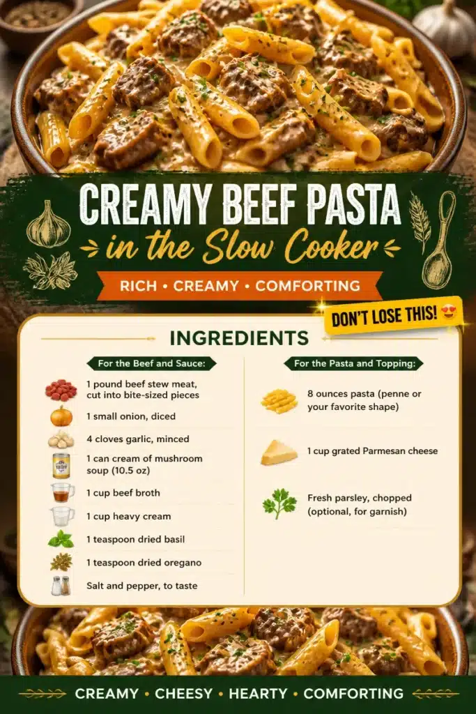 Creamy beef pasta cooked in a slow cooker recipe