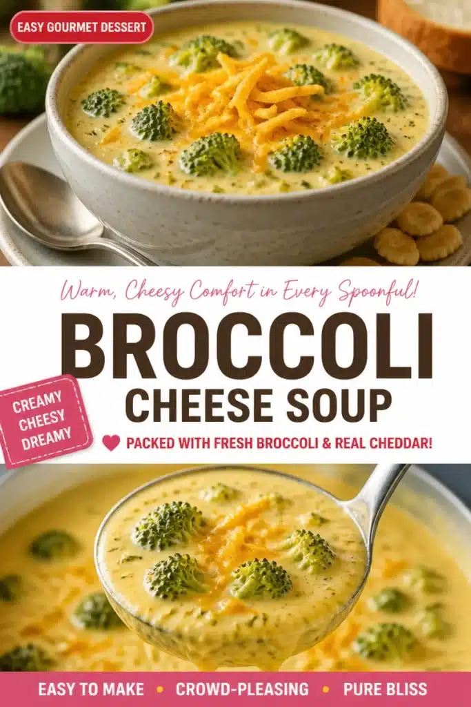 Bowl of creamy broccoli cheese soup topped with cheddar and fresh herbs