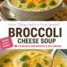 Bowl of creamy broccoli cheese soup topped with cheddar and fresh herbs