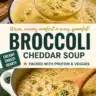 Bowl of creamy broccoli cheddar soup with melted cheese and fresh broccoli