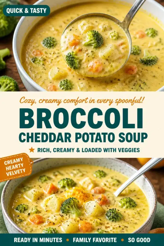 Bowl of creamy cheddar broccoli potato soup garnished with fresh herbs