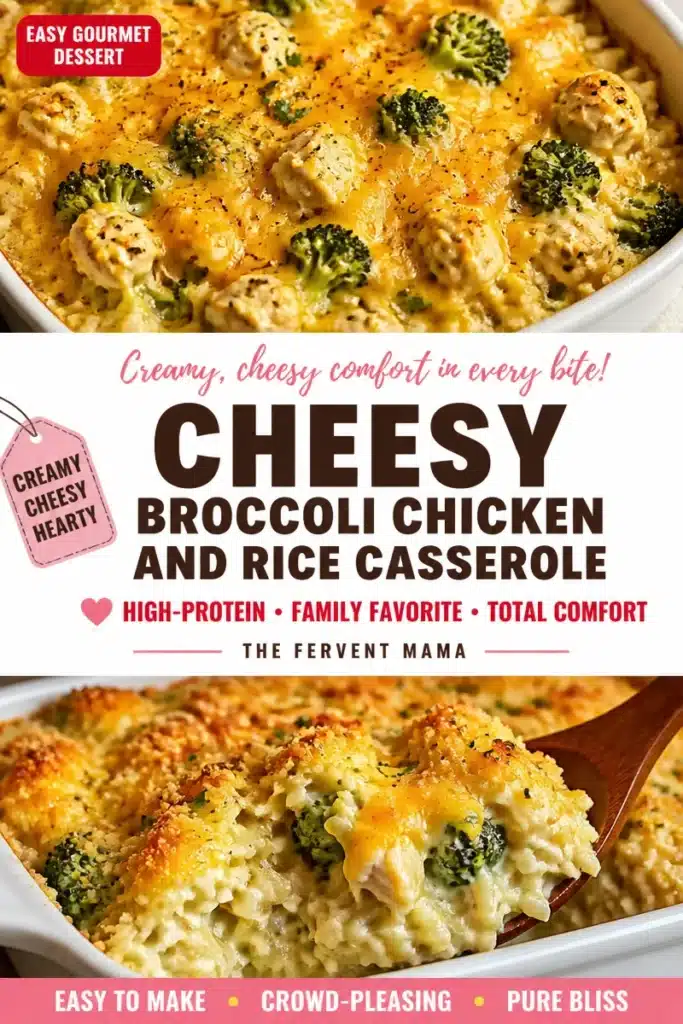 Creamy cheesy chicken, broccoli, and rice casserole in a baking dish