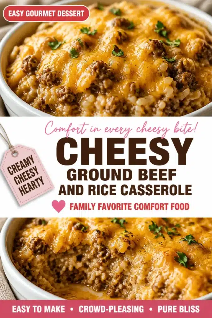 Creamy Cheesy Ground Beef and Rice Bake dish garnished and served in a bowl