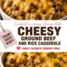 Creamy Cheesy Ground Beef and Rice Bake dish garnished and served in a bowl
