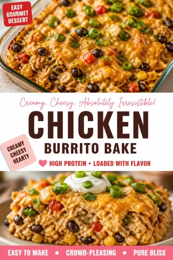 Creamy chicken burrito bake topped with cheese and served with fresh cilantro.