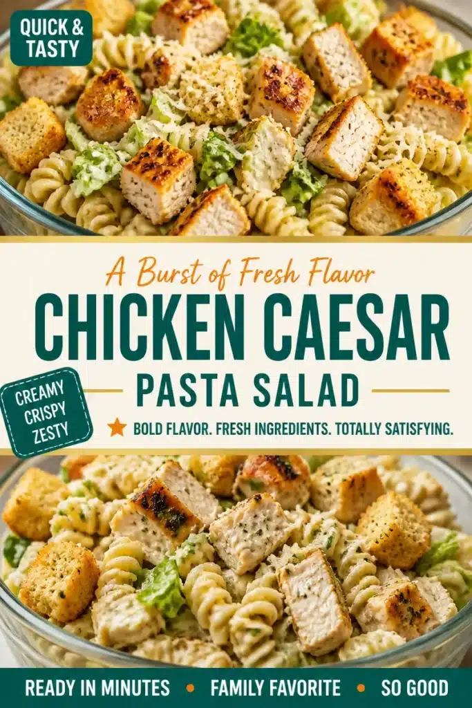 Delicious Creamy Chicken Caesar Pasta Salad with fresh ingredients