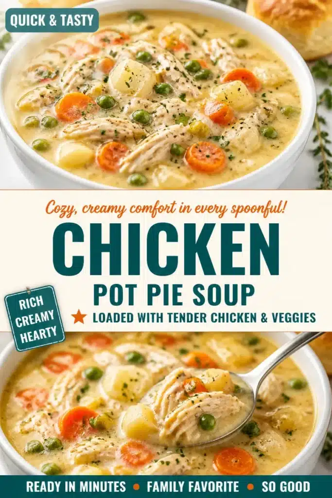 Bowl of creamy chicken pot pie soup with vegetables and herbs