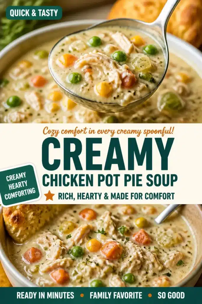 Bowl of creamy chicken pot pie soup with vegetables and herbs