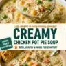 Bowl of creamy chicken pot pie soup with vegetables and herbs