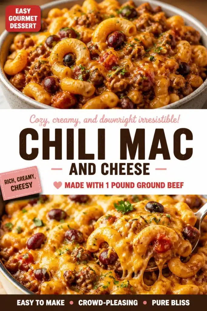Delicious bowl of creamy Chili Mac and Cheese topped with cheese and herbs
