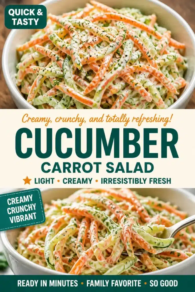 Creamy cucumber-carrot salad in a bowl, garnished with herbs and dressing