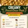 Creamy French onion pasta garnished with cheese and herbs in a bowl.