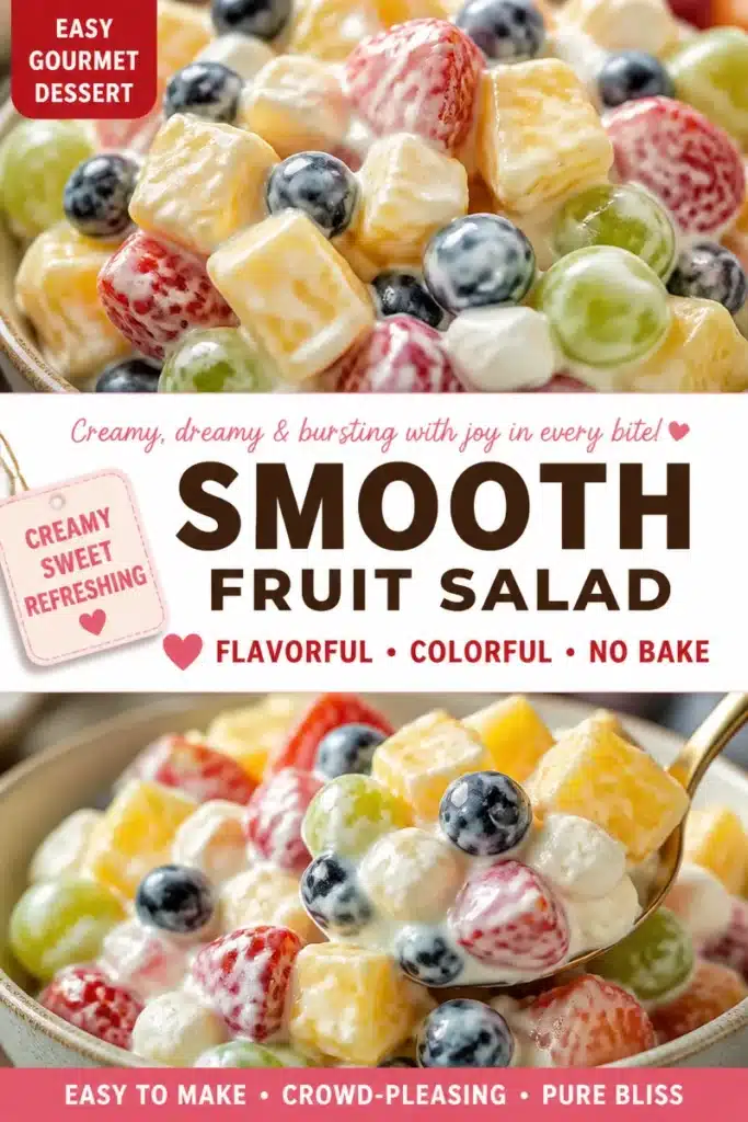 Delicious creamy fruit medley with assorted fresh fruits in a bowl.