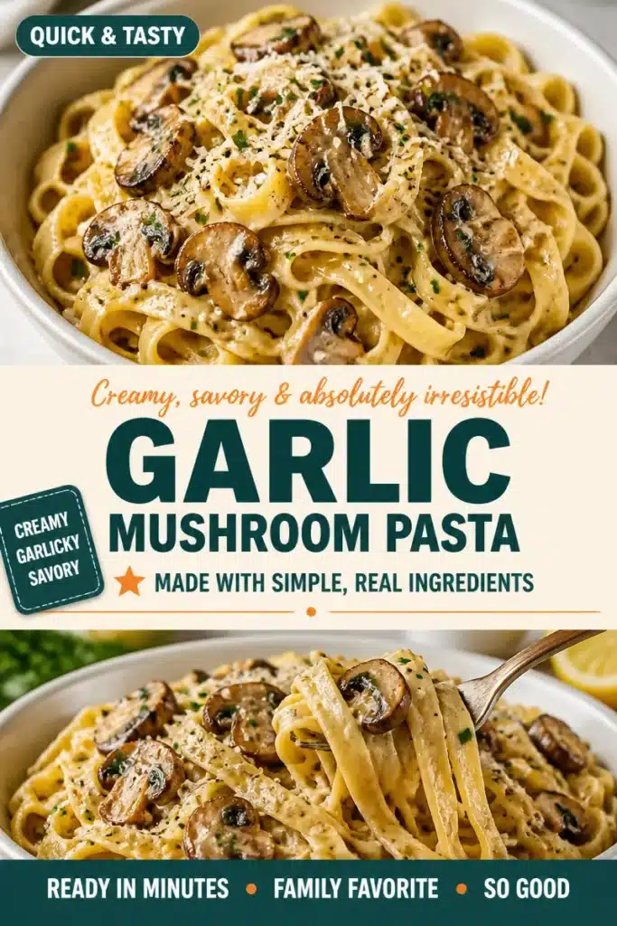Plate of creamy garlic mushroom pasta garnished with herbs