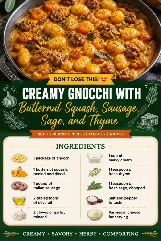 Creamy gnocchi with butternut squash, sausage, sage, and thyme served in a bowl