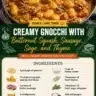 Creamy gnocchi with butternut squash, sausage, sage, and thyme served in a bowl