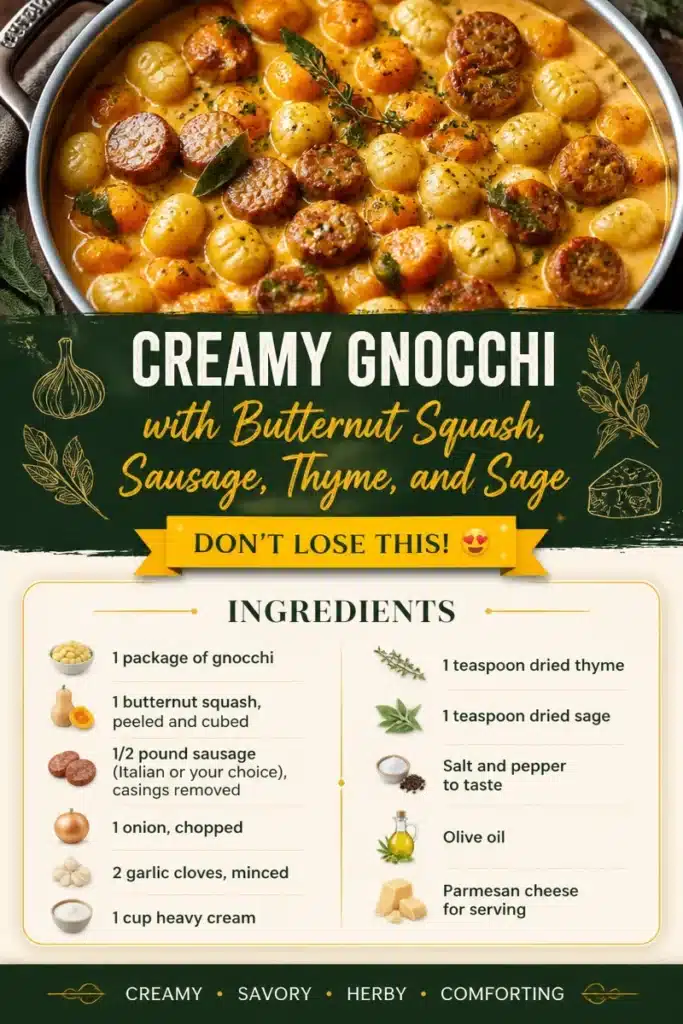 Creamy gnocchi with butternut squash, sausage, thyme, and sage dish