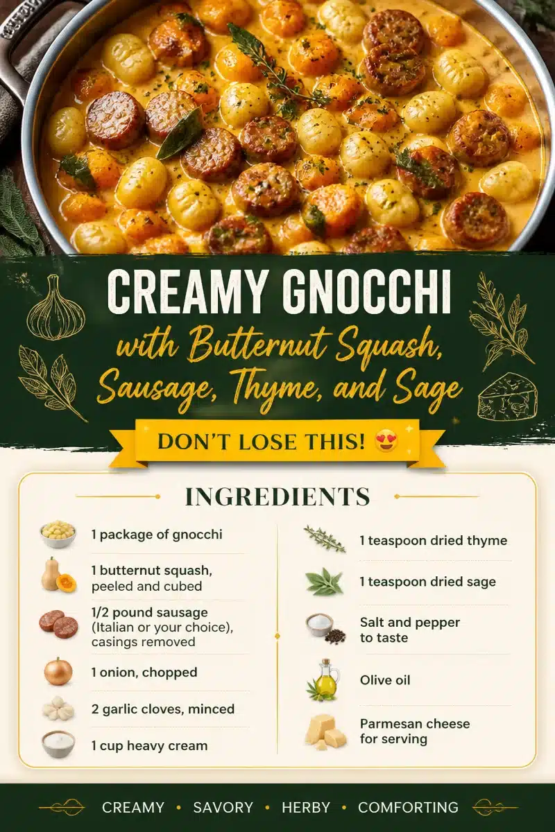 Creamy gnocchi with butternut squash, sausage, thyme, and sage dish