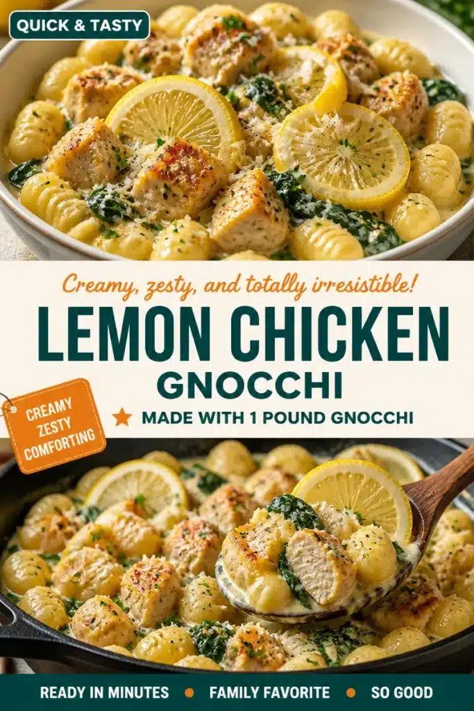 Creamy Lemon Chicken Gnocchi dish garnished with Parmesan cheese.