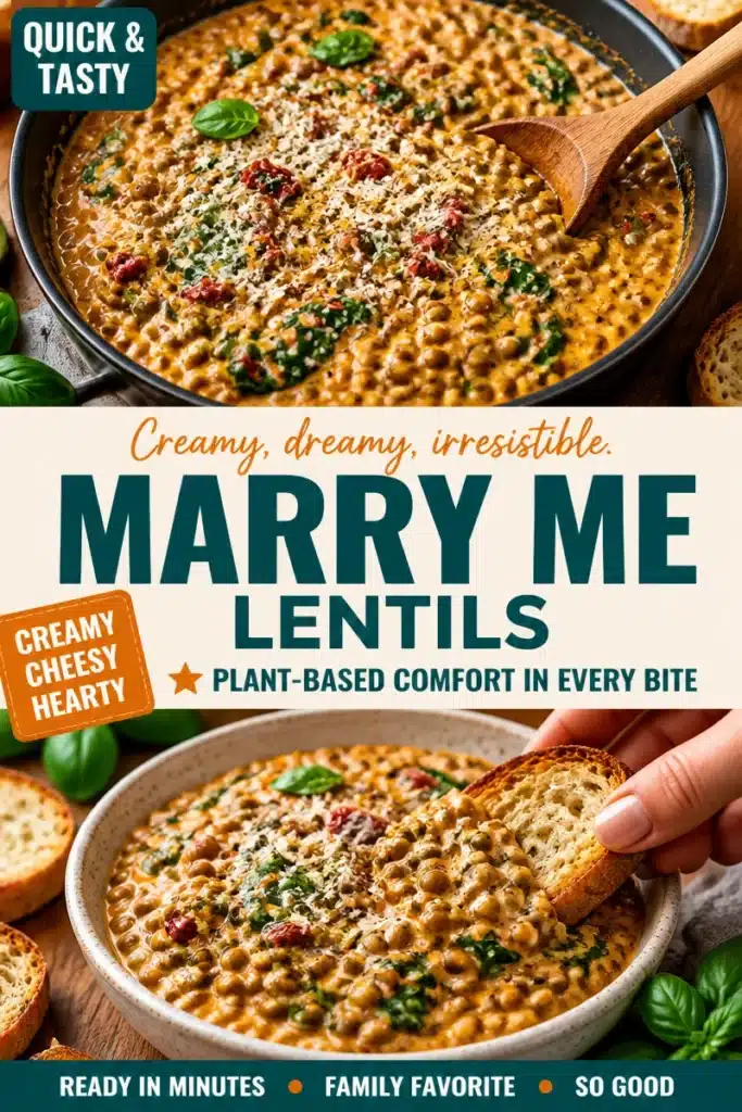 Delicious creamy lentils with a unique Marry-Me twist served in a bowl.