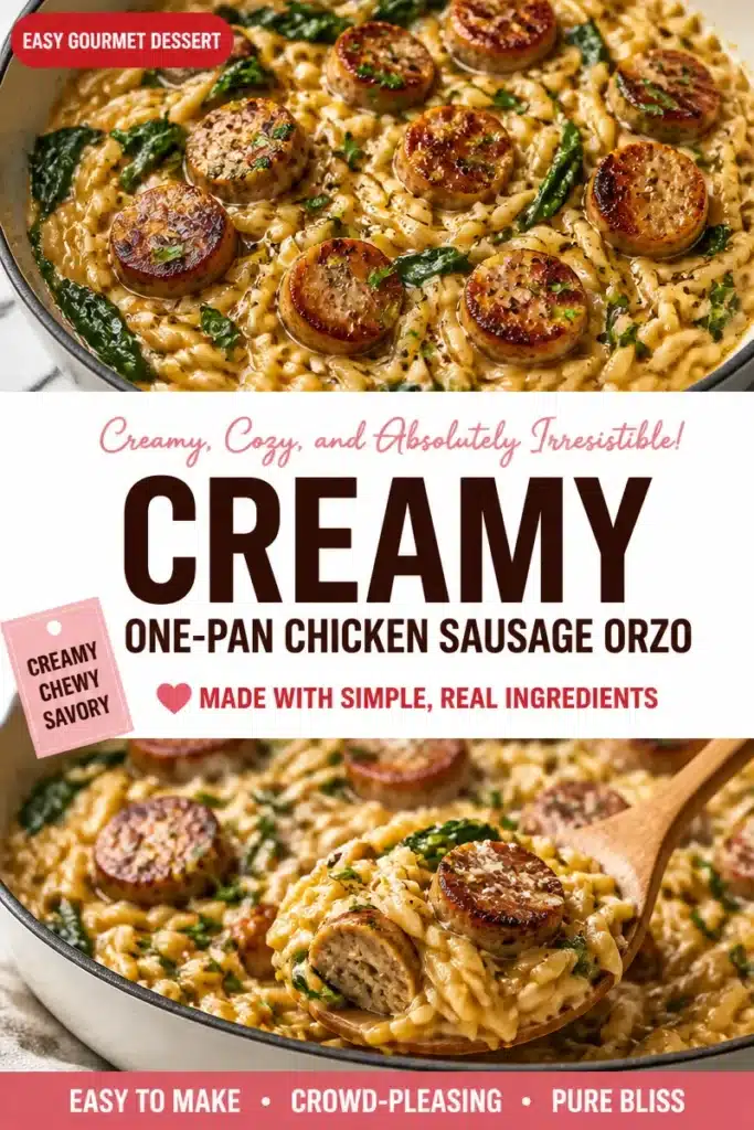 Creamy chicken sausage orzo served in a skillet