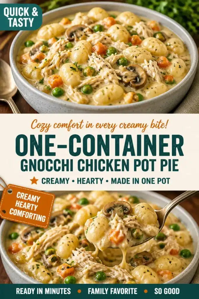 Creamy One-Pot Gnocchi Chicken Pot Pie served in a bowl with fresh herbs.