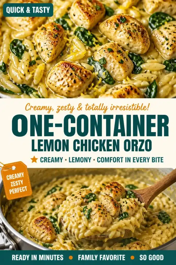 Creamy one-pot lemon chicken with orzo served in a bowl.