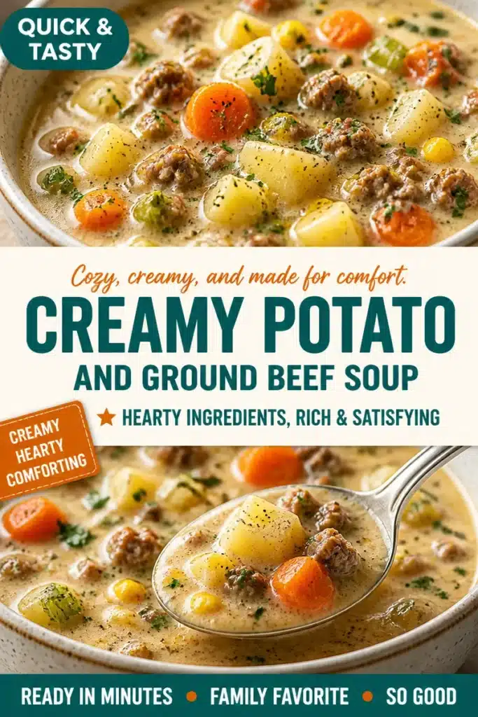 Bowl of creamy potato and ground beef soup with fresh herbs