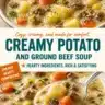 Bowl of creamy potato and ground beef soup with fresh herbs