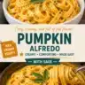 Creamy pumpkin alfredo pasta dish garnished with herbs