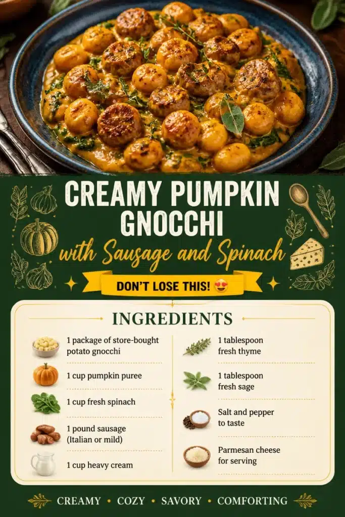 Creamy pumpkin gnocchi with sausage and spinach in a bowl