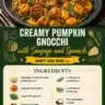 Creamy pumpkin gnocchi with sausage and spinach in a bowl