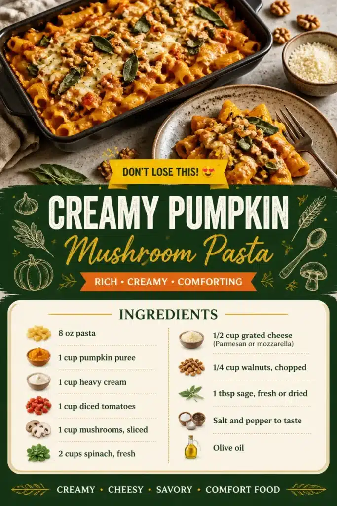 Creamy pumpkin mushroom pasta served in a bowl with herbs and spices