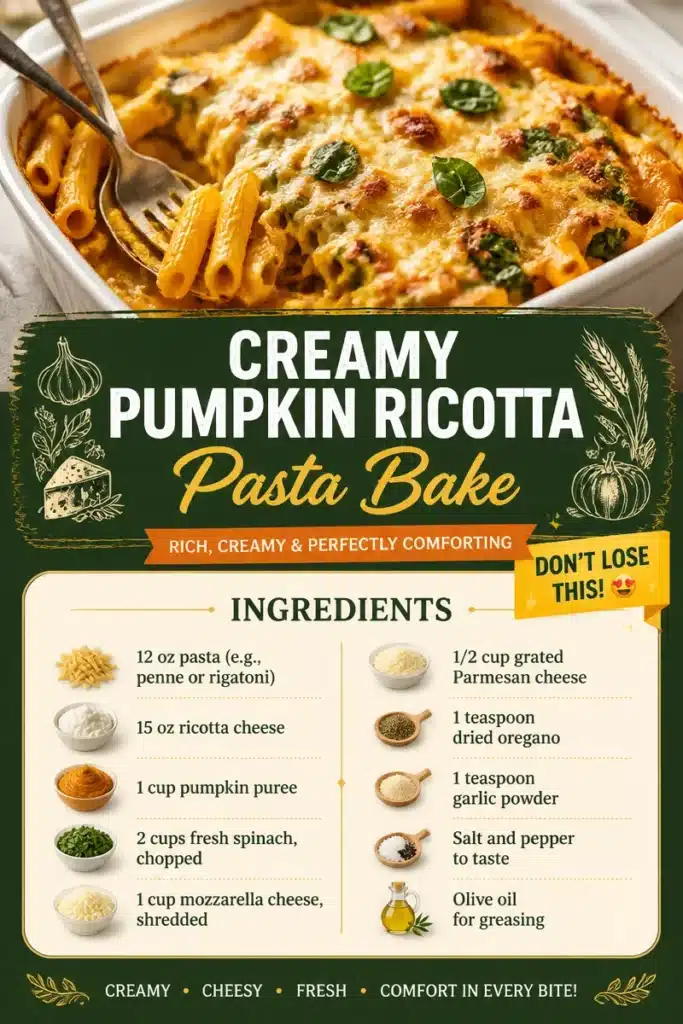 Creamy Pumpkin Ricotta Pasta Bake garnished with herbs in a baking dish.