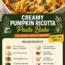 Creamy Pumpkin Ricotta Pasta Bake garnished with herbs in a baking dish.
