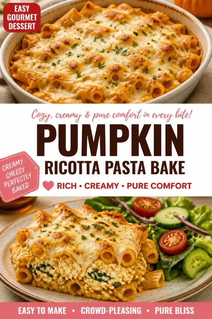 Creamy pumpkin ricotta pasta bake topped with herbs and cheese