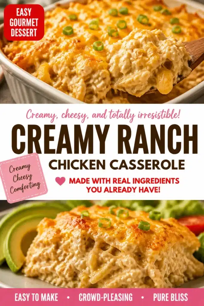 Delicious creamy Ranch Chicken Casserole served in a dish with herbs