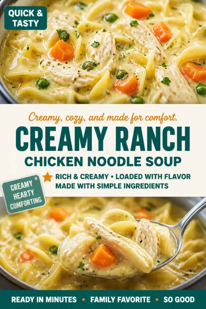 Bowl of creamy ranch chicken noodle soup with vegetables and noodles